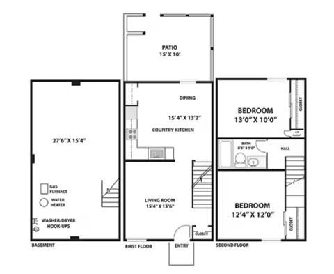 Floor plan for 2 beds, 1 bath, 1158 sqft